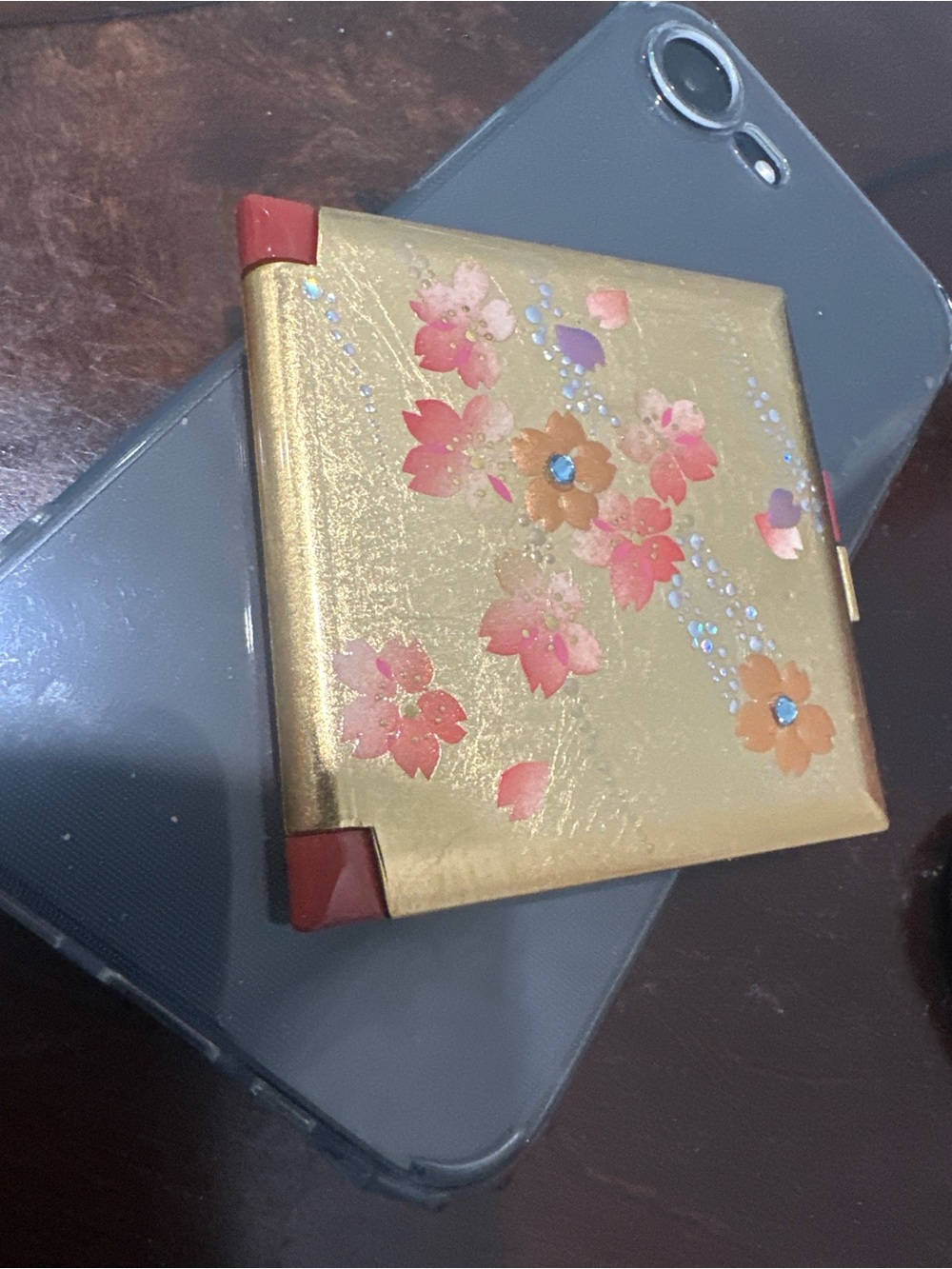 Gold Floral Compact Mirror with Pink & Orange Accents